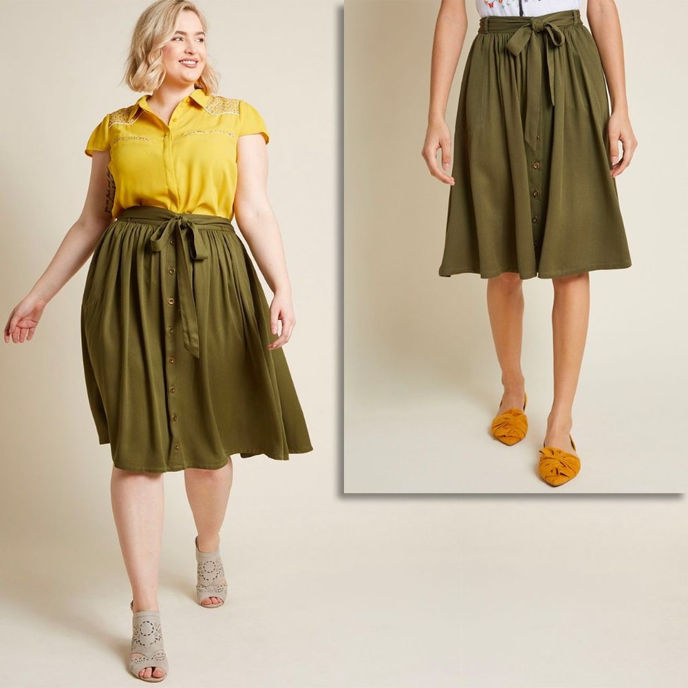 Olive Button Front A-Line Skirt